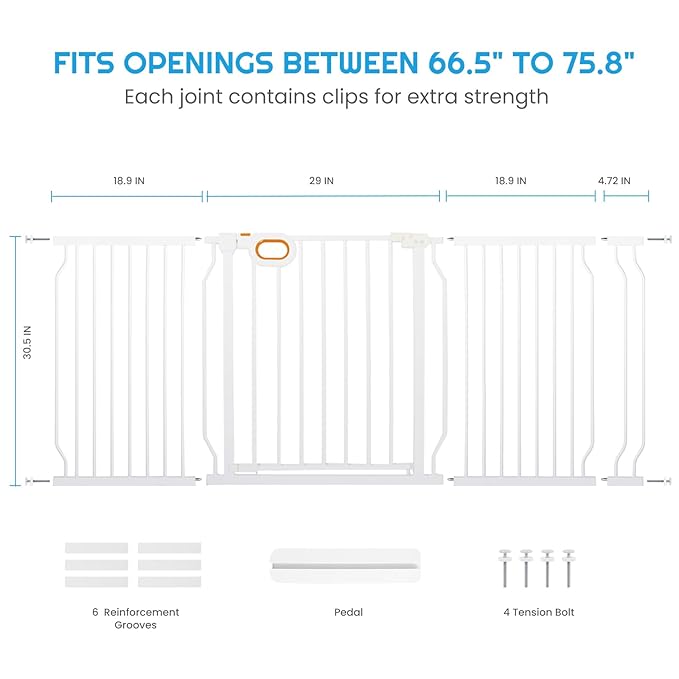 owlie Baby Gate with Door 66-75 Inch, Extra Wide Stair Gates for Kids Adjustable Wide Dog Pet Gate Stairway Large Baby Gates Pressure Mount for Pets for House Stairway Doorway White (30.5'' Tall)
