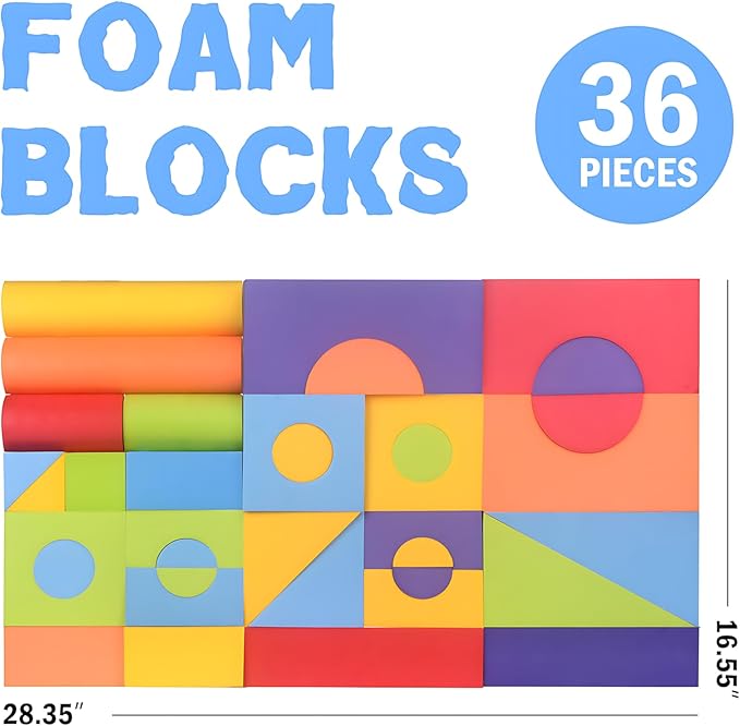 Migargle 36 Pieces Large Foam Building Blocks for Toddlers, EVA Soft Stacking Blocks, Baby Bath Foam Toy Set, Early Learning Construction Toys & Gifts for Kids, Boys & Girls