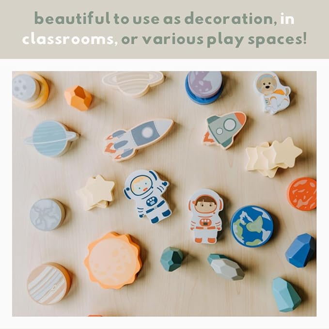 Toddler 30 Piece Stacking Wood Blocks Space Gift - Montessori 2 Year Old Fine Motor Skills Toy Learning Stacking Shape Sorter Sensory Preschool Busy Journey to the Moon (Block Set, Wood)