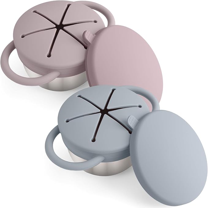 2-Pack Stainless Steel Snack Containers for Kids with Spill-Proof Silicone Lids & Handles - 3-in-1 Baby Snack Cups, No-Spill Toddler Snack Box, Perfect for On-the-Go Healthy Eating（Grey+Grey Purple）