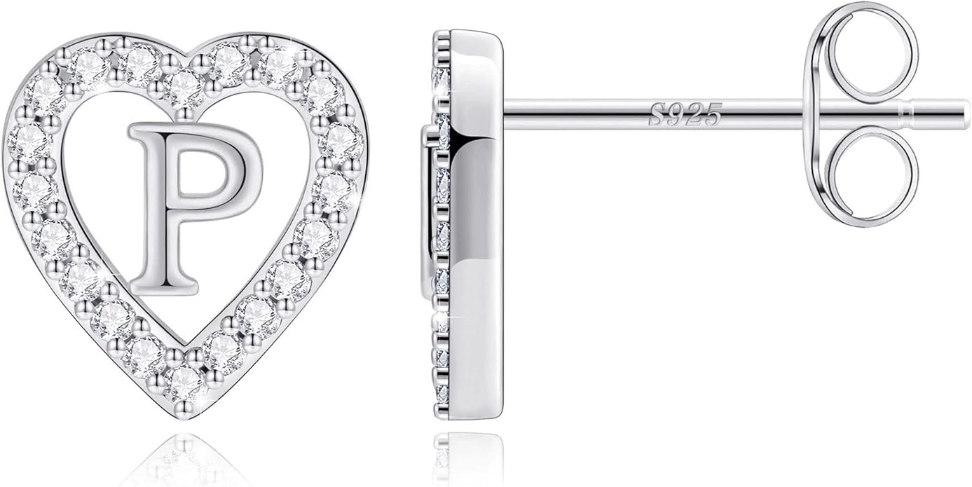 Anoup Christmas Gifts for Grandkids Girls Earrings - S925 Sterling Silver Post CZ Hypoallergenic Stud Heart Initial Earrings for Women Kids Jewelry Stocking Stuffers for Teen Girls Birthday Gifts