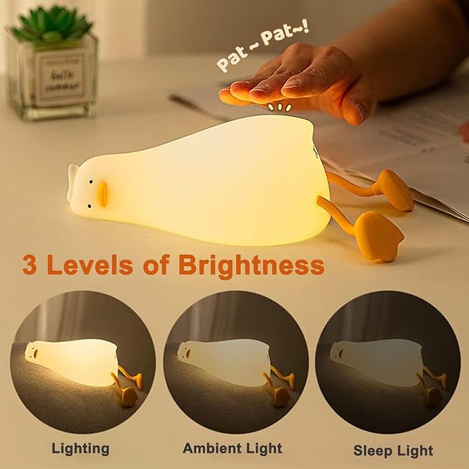 LED Lying Flat Duck Night Light, 3 Levels Dimmable Nursery Nightlight,Cute Lamps Silicone Squishy Light Up Duck, Rechargeable Bedside Touch Lamp for Breastfeeding Toddler Baby Kids Bedroom Office