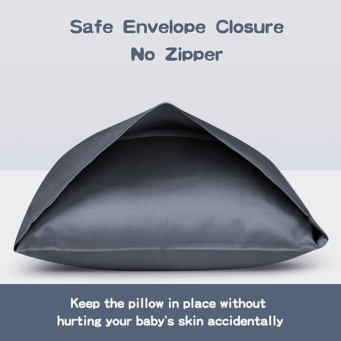 Organic Cotton Toddler Pillowcase 2 Pack, 14 x 20 Travel Pillow Case Cover for Babies, Kids, Boys and Girls, Soft and Breathable Small Pillow Cases with Envelope Closure, Dark Grey