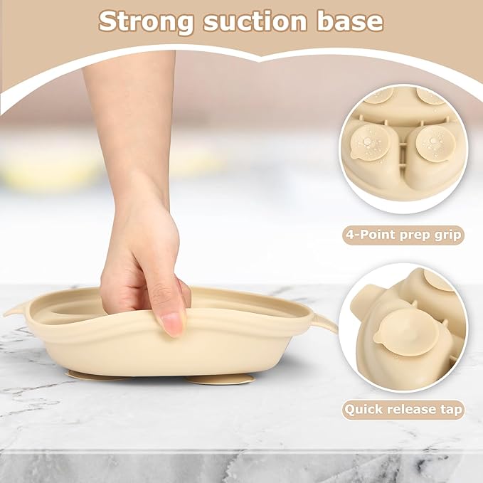Stainless Steel Baby Plate and Bowl with Suction, Baby Bowl and Divided Kids Toddler Plate with Removable Silicone Shell, Non-Slip Toddler Baby Feeding Set, Forks + Spoons Included-Cream