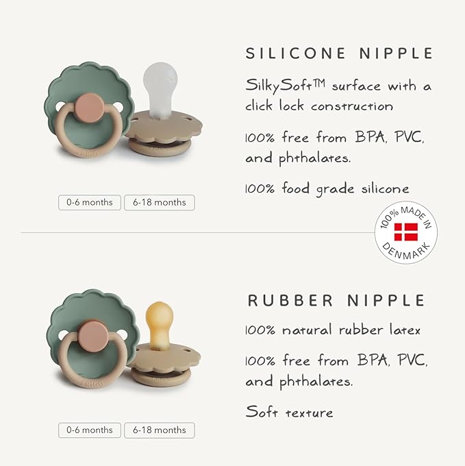 FRIGG Daisy Natural Rubber Baby Pacifier | Made in Denmark | BPA-Free (Cream/Poppy, Size 2) 2-Pack