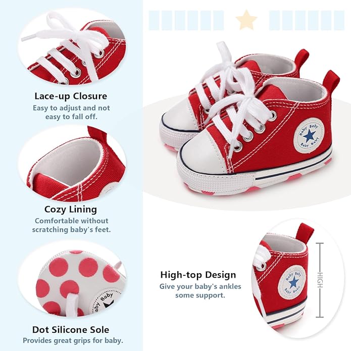 Meckior Baby Girls Boys Canvas Sneakers Soft Sole High-Top Ankle Infant First Walkers Crib Shoes