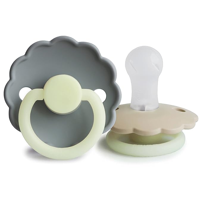 FRIGG Daisy Night SilkySoft Silicone Baby Pacifier | Made in Denmark | BPA-Free (French Gray/Croissant, 0-6 Months)
