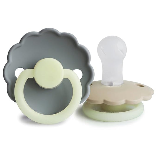 FRIGG Daisy Night SilkySoft Silicone Baby Pacifier | Made in Denmark | BPA-Free (French Gray/Croissant, 0-6 Months)