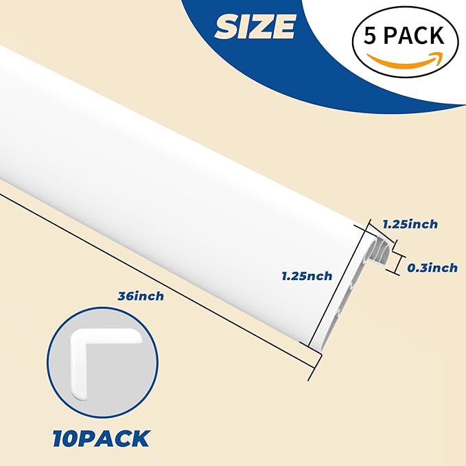 Wall Corner Edge Protector - 1x1x36 inch Baby Proofing Corner Guards, Self-Adhesive Furniture Edge Strips, for Home, Kindergarten, Office, 5 Pack White