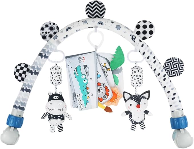 Caterbee Baby Activity Travel Mobile Arch Bassinet Toy, Black and White High-Contrast Bouncer Toy bar, Crib Toys with Hanging Animals, Stroller Attachment(Farm)