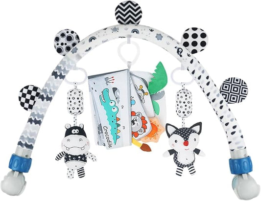 Caterbee Baby Activity Travel Mobile Arch Bassinet Toy, Black and White High-Contrast Bouncer Toy bar, Crib Toys with Hanging Animals, Stroller Attachment(Farm)