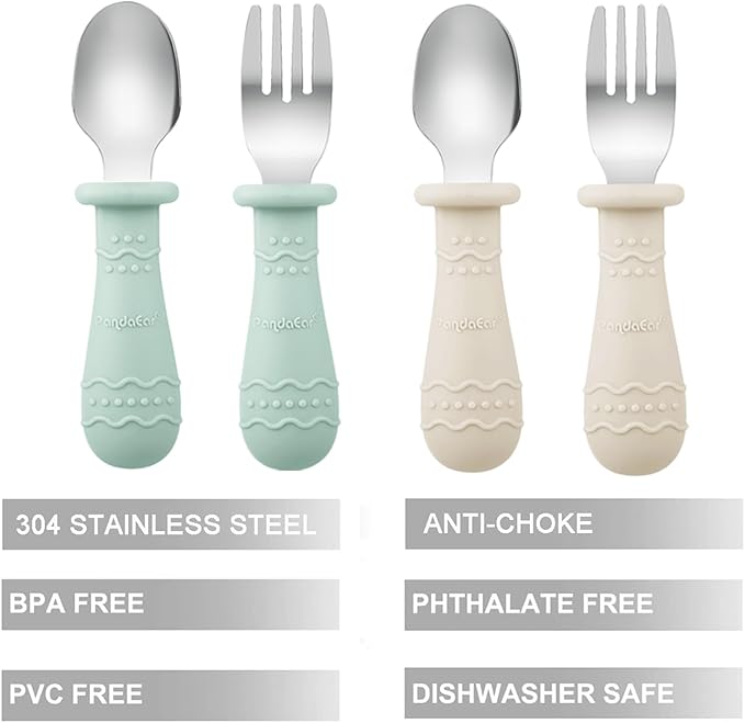 PandaEar Baby Feeding Set| 2 Pack Silicone Divided Suction Plate, 2 Set Toddler Spoons & Forks| Baby Led Weaning Supplies Self Feeding Eating Utensils