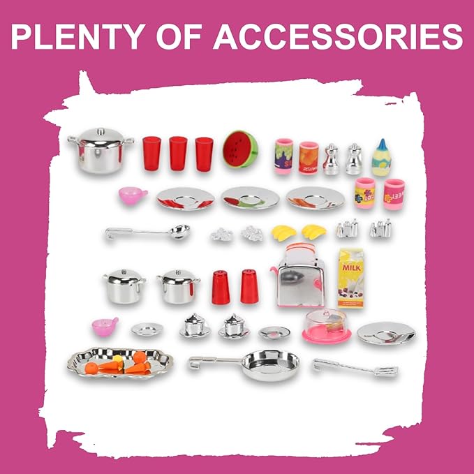 Doll Kitchen Playset for Kids, My Modern Mini Kitchen House Furniture Pretend Play Toy Accessories Set with Realistic Lights & Sounds for Toddlers, Girls (4-in-1)