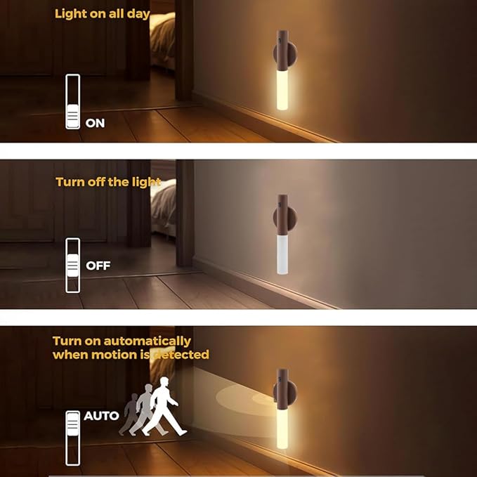 LANDGOO Wooden Nursery Night Light, LED Motion Sensor Nursing Lamp, USB Rechargeable Magnetic 360° Rotation Bedside Lighting for Bedroom Bathroom, Walnut Wood