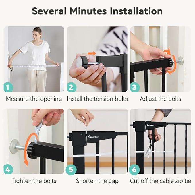 COMOMY 30" Tall Baby Gate for Stairs Doorways, Fits Openings 29.5" to 43.3" Wide, Auto Close Extra Wide Dog Gate for House, Pressure Mounted Easy Walk Through Pet Gate with Door, Black