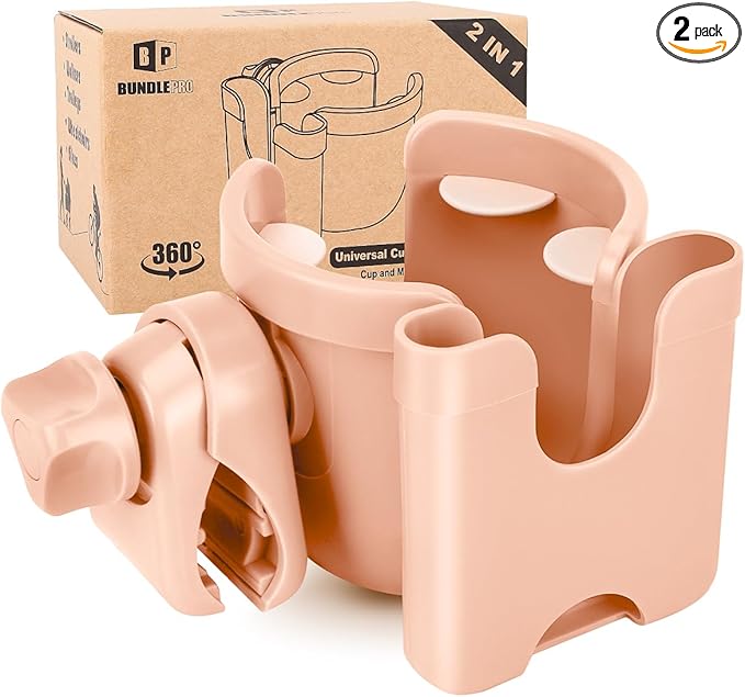 Universal Stroller Cup Holder with Mobile Phone Case, 2-in-1 Strollers Storage Rack, 360 Degrees Rotation Drink Holder for Bike, Pushchair, Wheelchair, Walker,Bicycle, Fits Most Cups (Pink)
