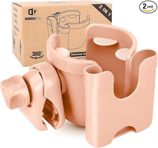 Universal Stroller Cup Holder with Mobile Phone Case, 2-in-1 Strollers Storage Rack, 360 Degrees Rotation Drink Holder for Bike, Pushchair, Wheelchair, Walker,Bicycle, Fits Most Cups (Pink)