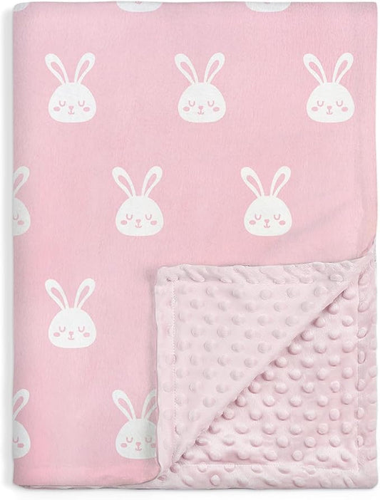 Rabbit Minky Baby Blanket 30 x 40 Inches for Girls, Soft Plush Receiving Blanket with Dotted Back, Gift for Toddler Newborn Infant Christmas Birthday Baby Shower