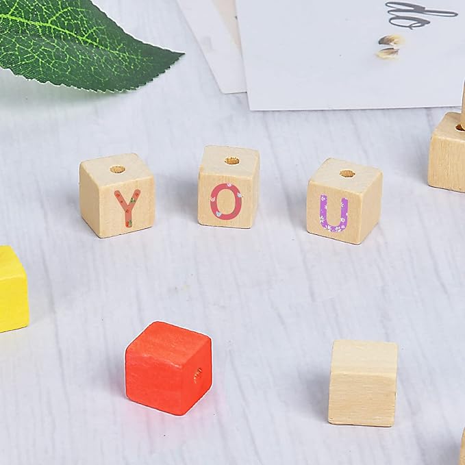 Supkiir Wood Craft Cubes, 100Pcs Wooden Craft Blocks with Holes, Unfinished Wood Cubes for DIY Projects Alphabet, Small Wooden Square Blocks (0.47in-12mm)