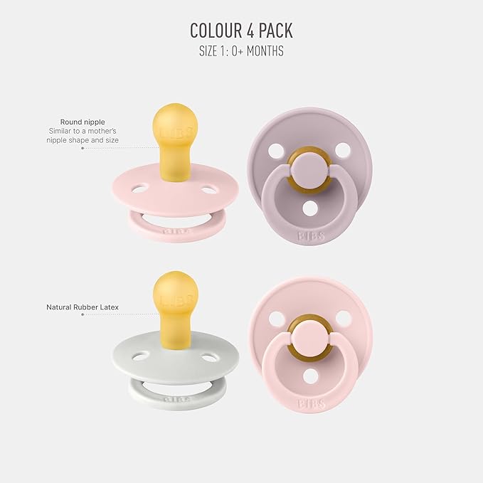 BIBS Pacifiers - Colour 4-Pack | BPA Free Baby Pacifier | Round Nipple Binkies | Natural Rubber Latex Soother | Made in Denmark | Size 0-6 Months | Haze Mix