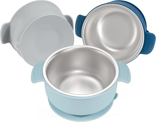 Bella's Friends Stainless Steel and Silicone Baby Bowls with Suction 3 Pack, 4.3” for Toddlers Kids Feeding, Non-Slip, Non-Toxic, Mess-Free, Dishwasher Safe, Fit High Chair Size, blue dark blue gray