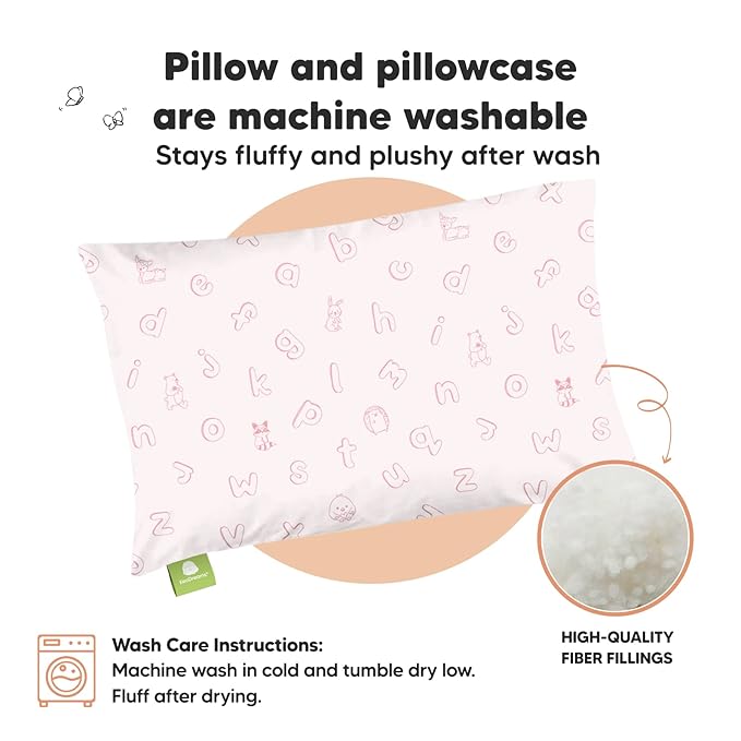 Toddler Pillow with Pillowcase - 13x18 My Little Dreamy Kids Travel Bed Pillows for Sleeping, Organic Cotton Small Pillowcase, Soft & Breathable, Machine Washable, Toddlers 2-5 (ABC Land Rose)