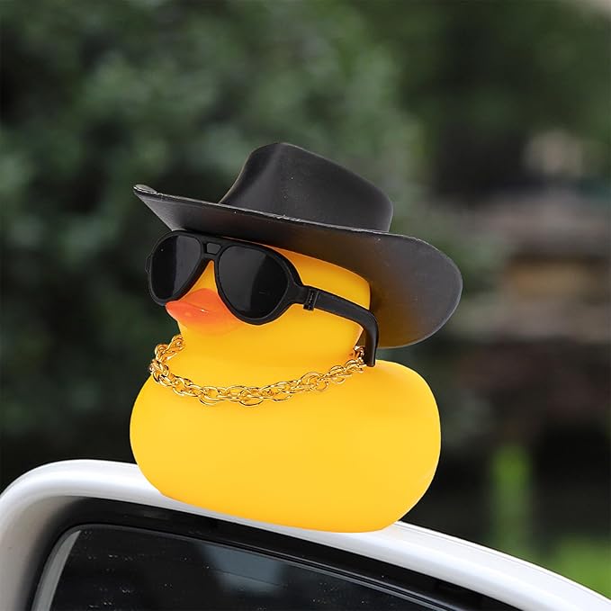 wonuu Car Rubber Duck, Yellow Duck Decoration Dashboard with Sun Hat Swim Ring Necklace Sunglasses for Car Dashboard Decorations, Black Cowboy Hat-Transparent