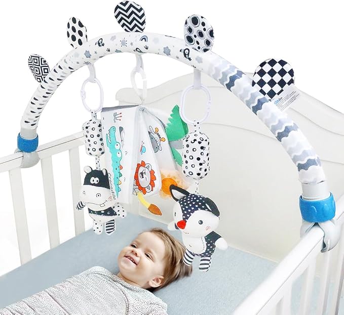 Caterbee Baby Activity Travel Mobile Arch Bassinet Toy, Black and White High-Contrast Bouncer Toy bar, Crib Toys with Hanging Animals, Stroller Attachment(Farm)