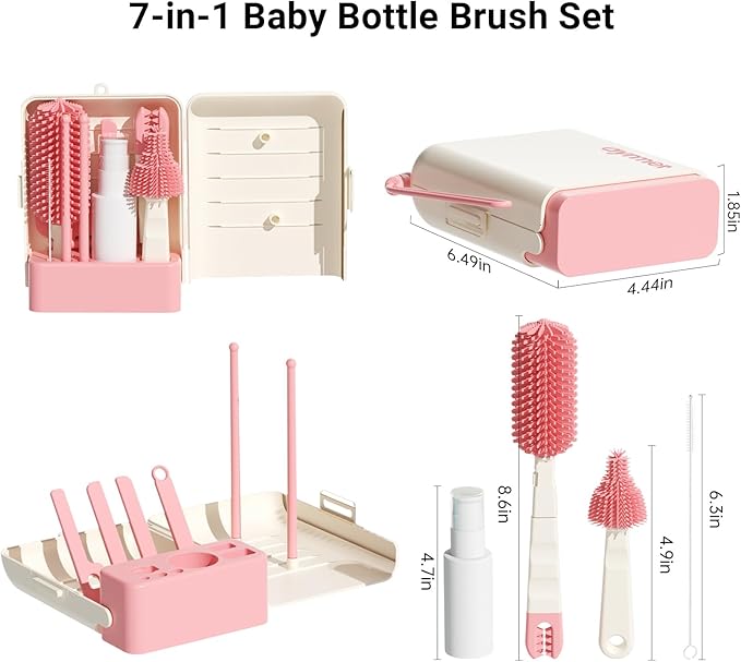 Baby Bottle Brush, 7 in 1 Travel Baby Bottle Cleaner Brush Set with Silicone Brush, Nipple Brush, Straw Brush, Soap Dispenser, Portable Drying Rack, Breast Pump & Bottle Cleaning Kit - Coral Pink