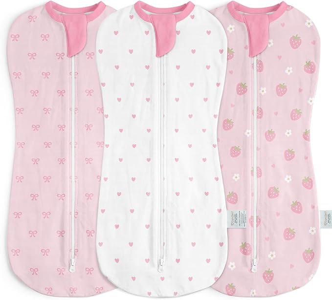 Baby Swaddle 0-2 Months, Cotton Arm-In Zipper Sleep Sack, Wearable Blankets Wrap for Newborn Infant Girls (Bow, Heart, Strawberry, Pack of 3)