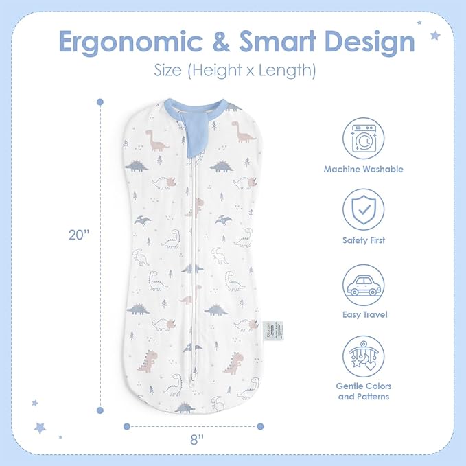 SANDJEST Baby Swaddle 0-2 Months, Cotton Arm-in Zipper Sleep Sack, Wearable Blankets Wrap for Newborn Infant Boys (Dinosaur, Pack of 1)