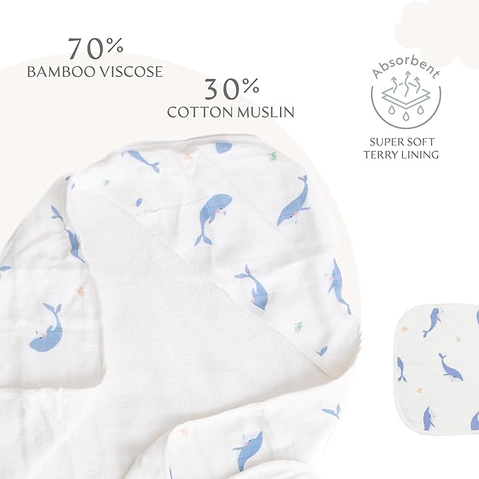 Bamboo Viscose Baby Hooded Towel & Washcloth Set for Babies and Toddlers, Soft & Absorbent, 70% Viscose from Bamboo, 30% Cotton Muslin - Imported (Whale)