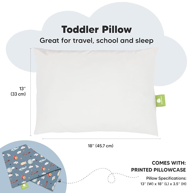 Toddler Pillow with Pillowcase - 13x18 My Little Dreamy Kids Travel Bed Pillows for Sleeping, Organic Cotton Small Pillowcase, Soft & Breathable, Machine Washable, Toddlers 2-5 Years Old (Up & Away)
