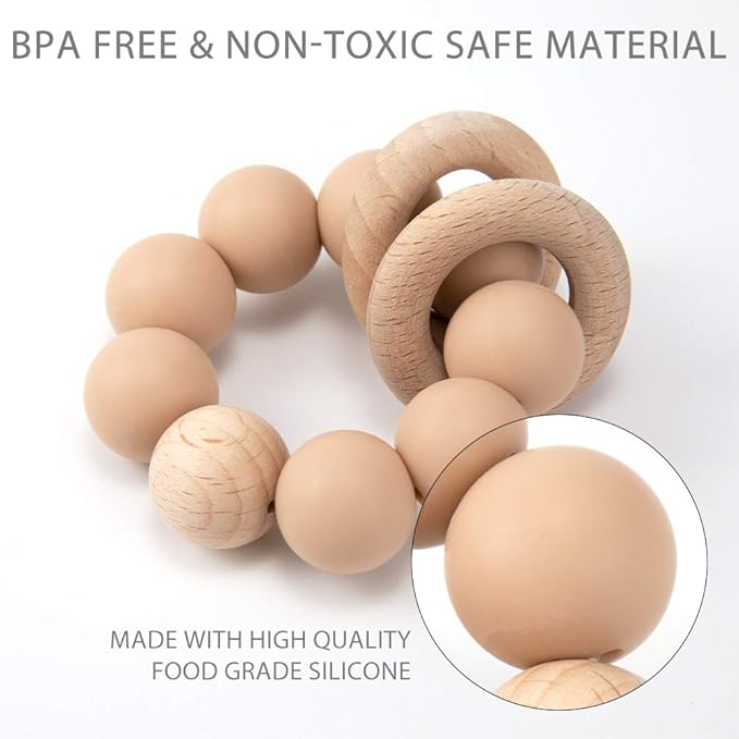 Silicone Baby Teether, Food Grade Silicone & Beech Baby Teething Toy, BPA Free (Apricot)