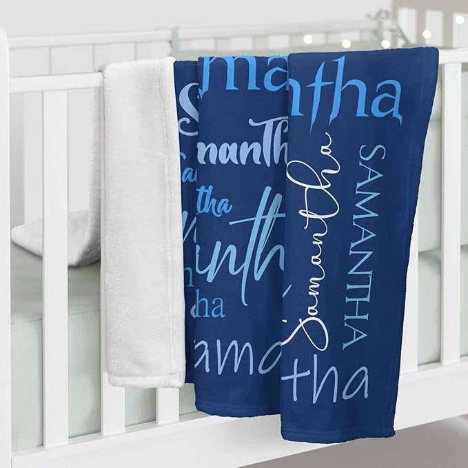 Personalized Name Blanket for Baby Boys Girls, Custom Bed Throw Blanket Navy Blue, Ultra-Soft Cozy Flannel Fleece Blankets for Kids, Fluffy Infant Toddler Newborn Receiving Blankets for Crib Stroller