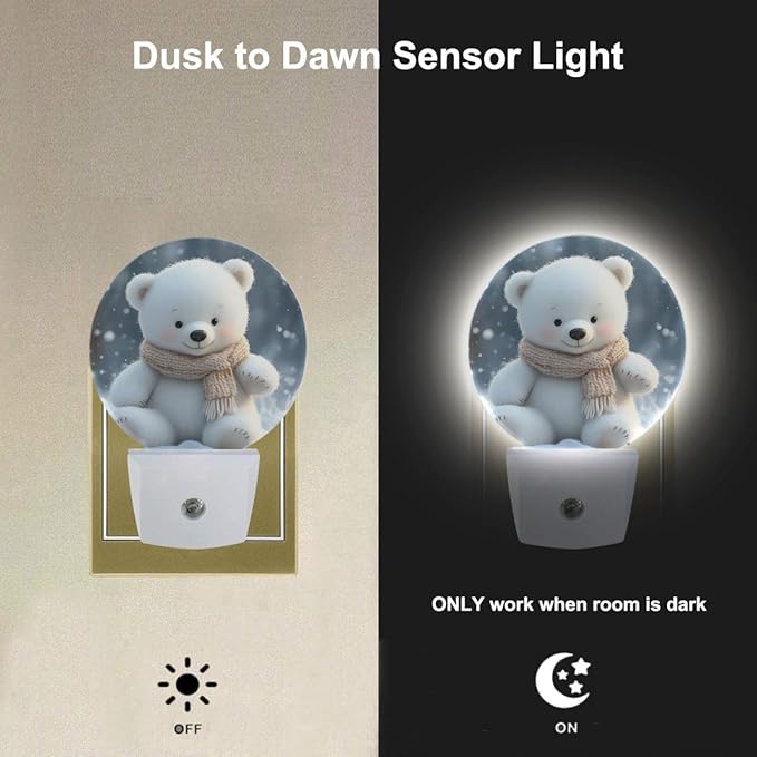 EKOBLA Cute Bear Night Light Bear White Fur Animal Winter Snowflakes Plug in Nightlights Dusk to Dawn Auto Sensor LED Plug-in Nightlights for Men Women Boys Girls