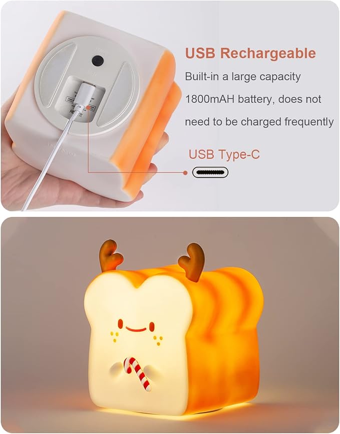 Cute Christmas Gifts for Women, Girl, Deer Toast Lamp Bread Night Light, Battery Powered USB Rechargeable, Touch Senser, 1 Hour Timer, Portable Silicone Kids Nightlight for Nursery