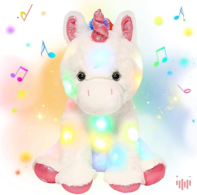 Hopearl LED Musical Stuffed Unicorn Light up Singing Plush Toy Adjustable Volume Lullaby Animated Soothe Birthday Festival for Kids Toddler Girls, White, 13''