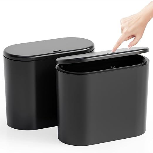 Yieach Black Slim Bathroom Trash Can With Lid 3.17 Gallon,Skinny Small Kitchen Garbage Can and Pet/Dog Proof Trashcans for Office,RV,Bedroom and Dorm,12L Plastic Covered Trash Can and Wastebasket,2PCS