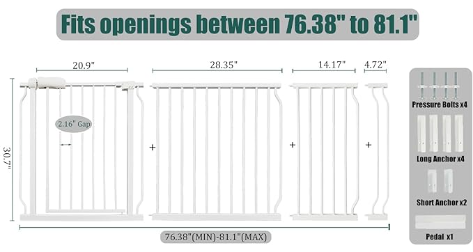 76.3-81 Inch Extra Wide Baby Gate, Pressure Mounted No Drill, Extra Wide Safety Gate for Large Entries, White Metal with Extension Kit