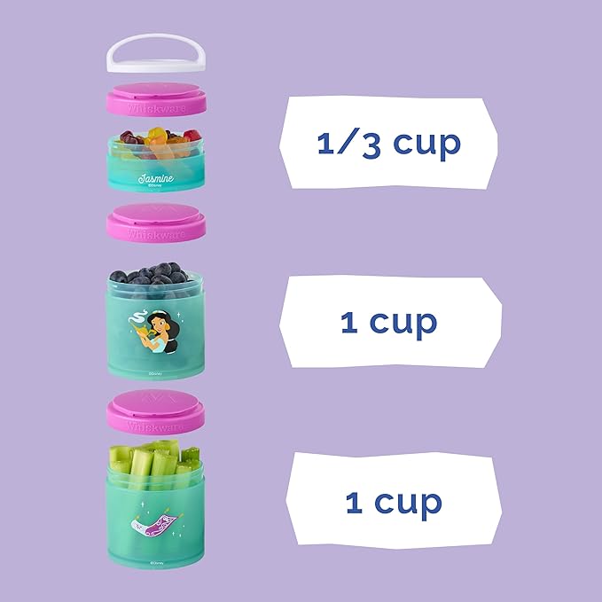 Whiskware Disney Princess Aladdin, Stackable Snack Containers for Kids, 3 Stackable Snack Cups for School or Travel, Backpack and Cupholder Friendly, Jasmine and Magic Carpet