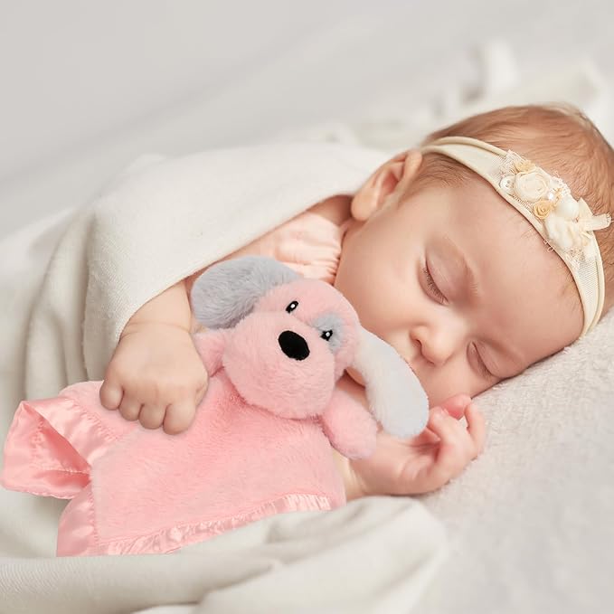 Puppy Baby Security Blanket for Toddler Infant Newborn Boys and Girls Soft Lovey Stuffed Animal with Plush Fabric and Satin Backing, Lovely Snuggle Toy, Pink 13.5 Inch