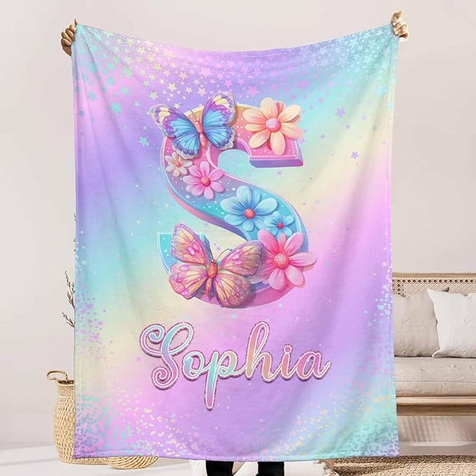 Ship Next Day, Personalized Baby Name Blanket for Girls Boys, Custom Toddler Blankets with Name & Capital Letter Gradient Pattern, Customized Throw Blanket Gifts for Kids Teens on Birthday Christmas