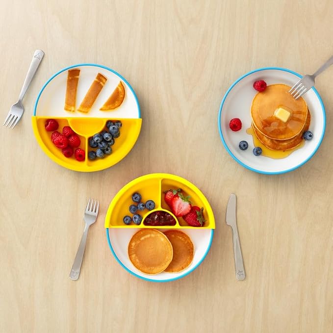 Omie® Easy Scoop Plates for Kids | Unique Design Helps Food Fall into the Spoon, Not on the Table | Made from Plants | 3 Plates + 2 Silicone Dividers | Blue