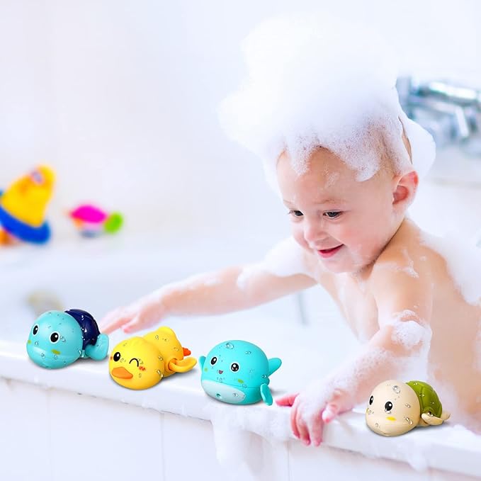 Bath Toys Sets Include 12 Pcs Wind up Floating Toys with 2 Pcs Duck Shape Fishing Net, Swimming Pool Games Bathtub Shower Toy, Turtle Whale Duck Crab for Boys Girls Funny Gifts