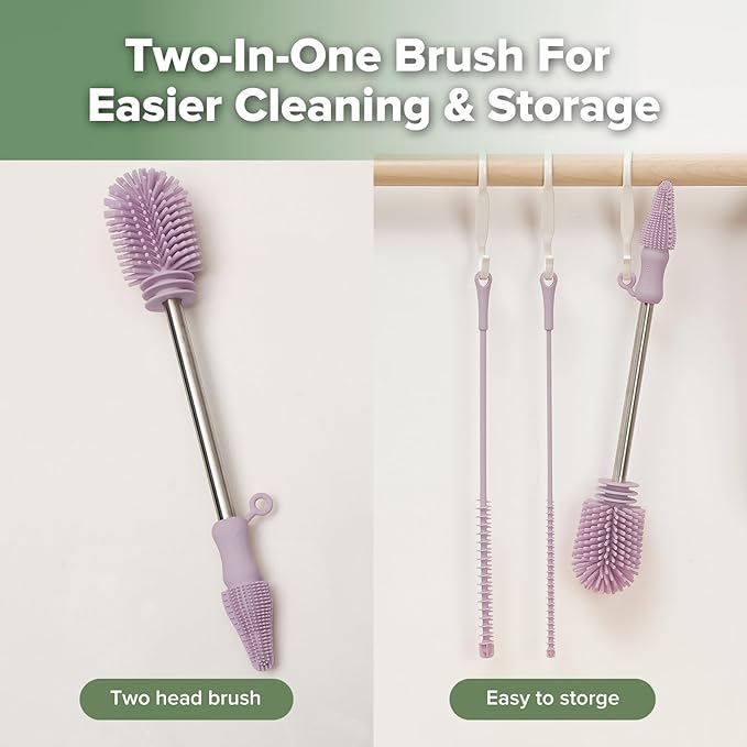 haakaa Silicone Cleaning Brush Kit - Baby Bottle Brush Cleaner for Breast Pump,Nipple,Breast Milk Storage Bag,Reusable Straw,Sippy Cup - Food Grade Silicone Bristles, Portable - 3 Pcs - Lavender