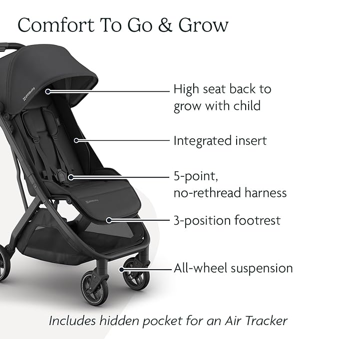 UPPAbaby Minu V3 Travel Stroller | Lightweight + Compact Design | One-Hand Fold + Unfold | from Birth + Overhead Compatible | Jake (Charcoal/Carbon Frame/Black Leather)