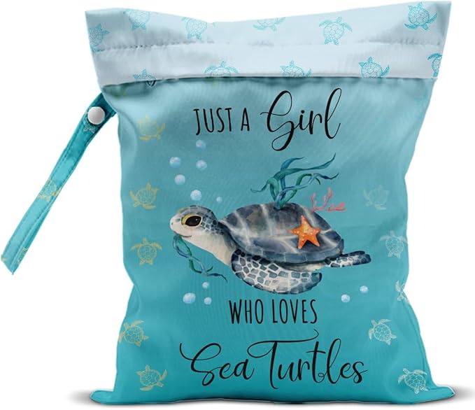 Waterproof Wet Bag for Swimsuit, Travel Beach Wet Dry Bag, Hidden Zipper Reusable Baby turtle Wet Bags, for Travel Beach Wet Swimsuits Toiletries Diapers Dirty Gym Clothes Laundry Bag