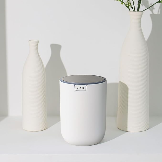 EKO Mini Desk Trash Can with Swing-Top Lid 0.4 Gallon Small Table Round Wastebasket for Office, Home, Car (White)