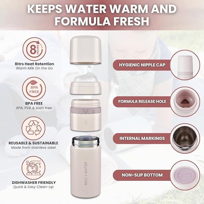 MILK & WATER All in One Baby Bottle & Baby Formula Dispenser On The Go, 9oz - Keeps Water Warm & Formula Fresh - Baby Formula Mixing Bottle with Anti Colic Nipple - Leak-Proof - 3+ Months (Pink)